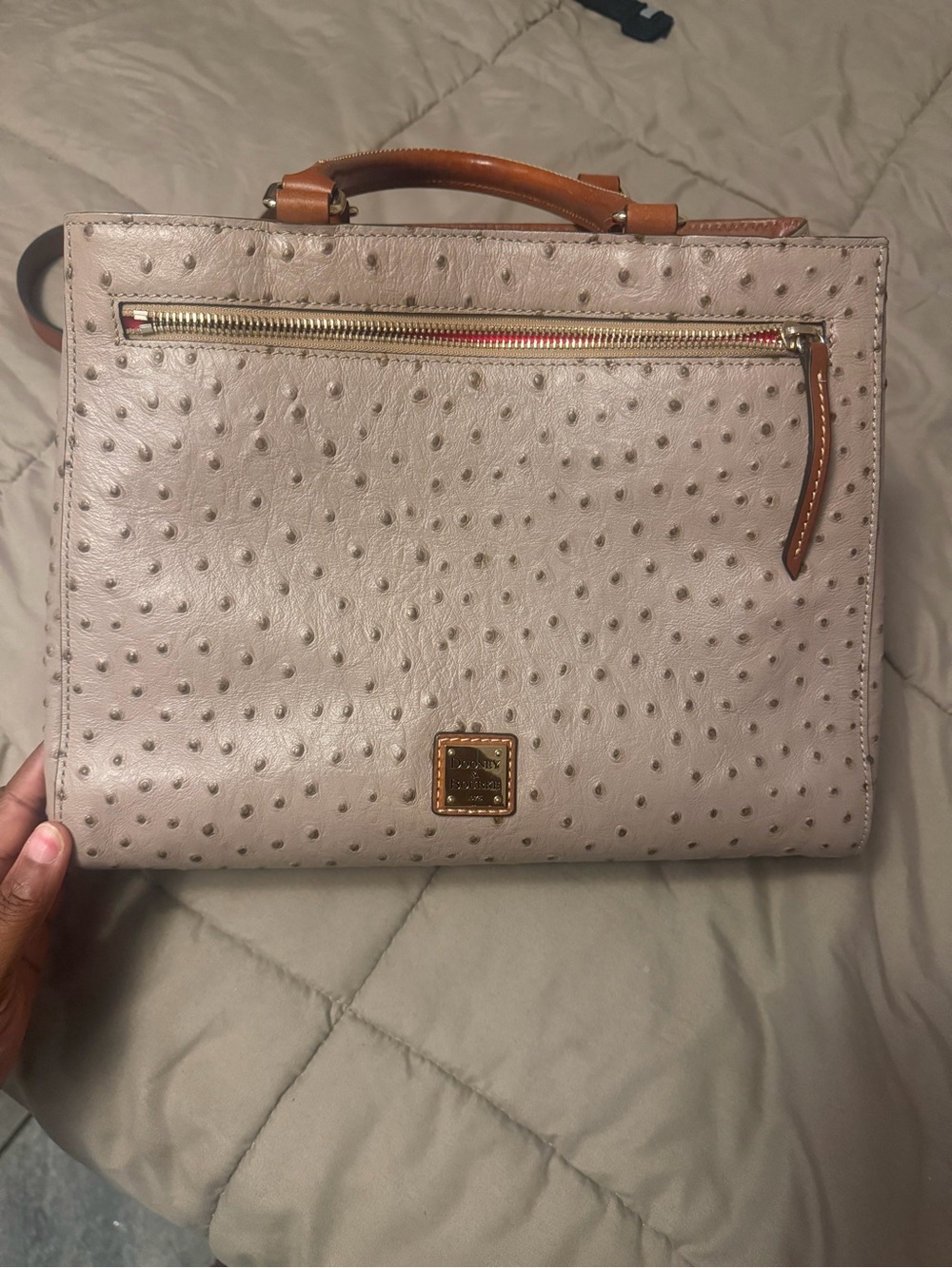 Dooney & Bourke Taupe Ostrich-Embossed Leather Satchel with Tan Trim